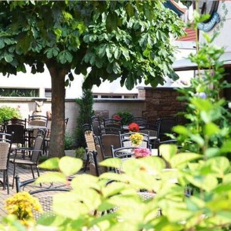 Der Sommergarten vom Weinhaus Becker, ausgestattet mit Pflanzen und Essgarnituren aus runden Tischen und Stühlen in Rattanoptik