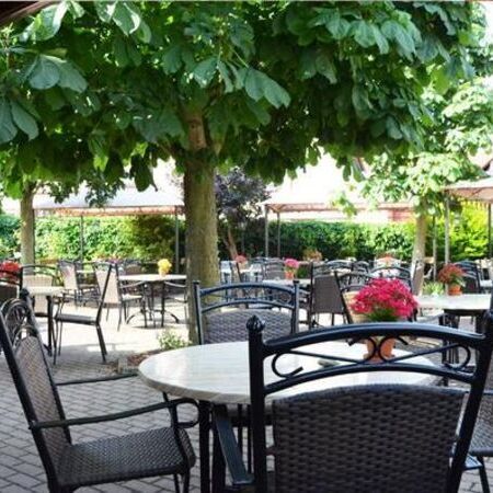 Der Sommergarten vom Weinhaus Becker, ausgestattet mit Pflanzen und Essgarnituren aus runden Tischen und Stühlen in Rattanoptik